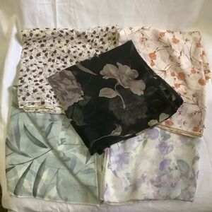 5 Assorted Thin Fabric Scarves Floral Black Grey Lavender Square headscarf set